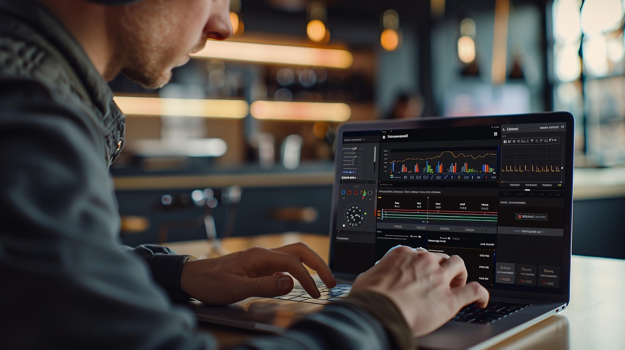 laptop, data analysis, charts, graphs, workspace, modern office, professional, technology, computer, man working, office environment, blurred background, focus, business, tech-savvy, analysis, digital, contemporary, data-driven, monitoring, screen, business analysis, office, computer screen, analytics, ai generated