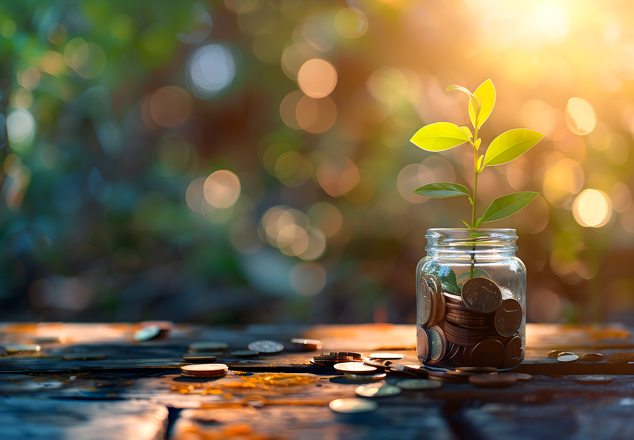 seedling, investment, coins, jar, glass, invest smart, money, finance, profit, wealth, financial, savings, benefit, value, deposit, background, decision, bokeh